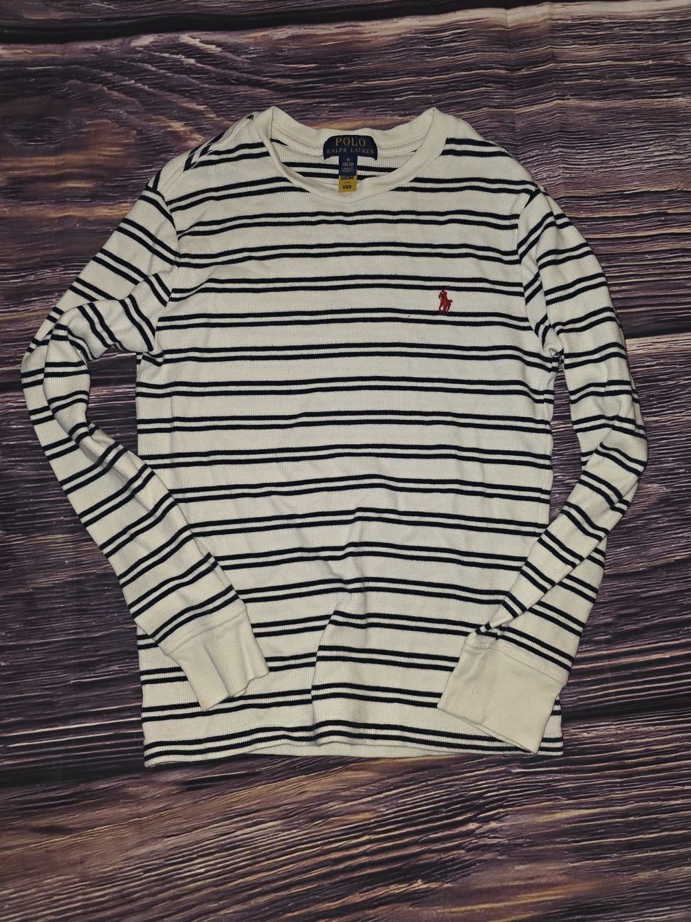 Polo by Ralph Lauren Cream & Navy Striped Long Sleeve Tee with Red Pony